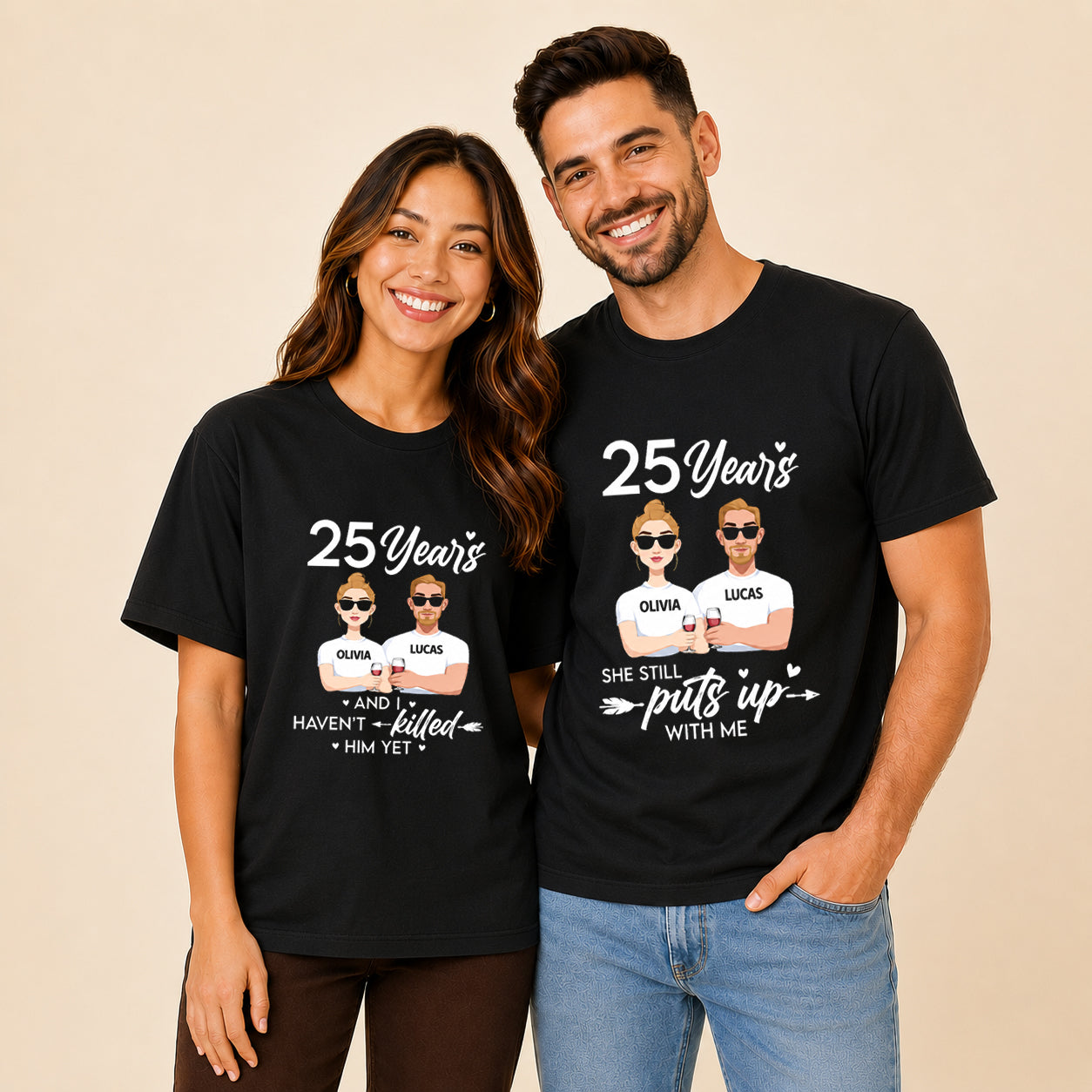 25 Years She Still Puts Up With Me Name Matching Couples T-shirt