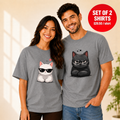 Black And White Cats With Glasses Couple Matching T-Shirts
