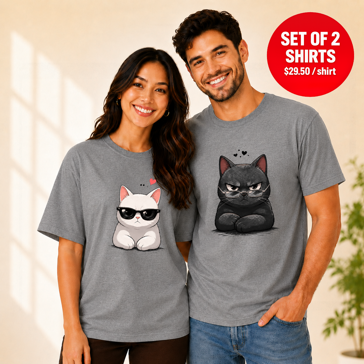 Black And White Cats With Glasses Couple Matching T-Shirts