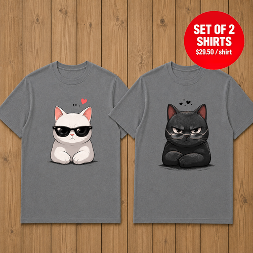 Black And White Cats With Glasses Couple Matching T-Shirt