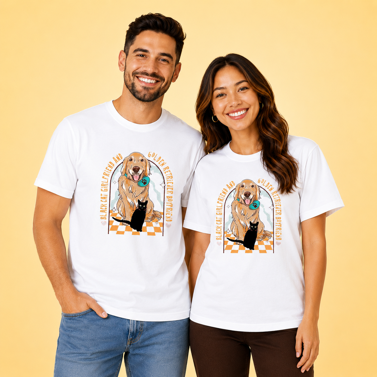 Black Cat Girlfriend And Golden Retriever Boyfriend Matching Couples T-shirt