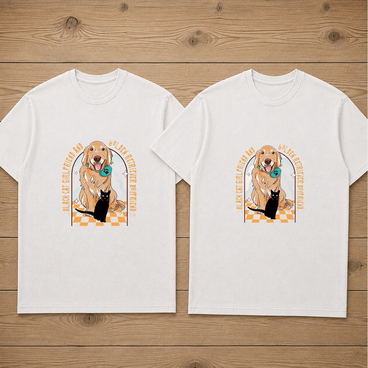 Black Cat Girlfriend And Golden Retriever Boyfriend Matching Couples T-shirt