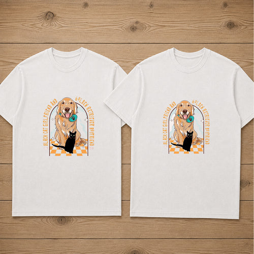 Black Cat Girlfriend And Golden Retriever Boyfriend Matching Couples T-shirt