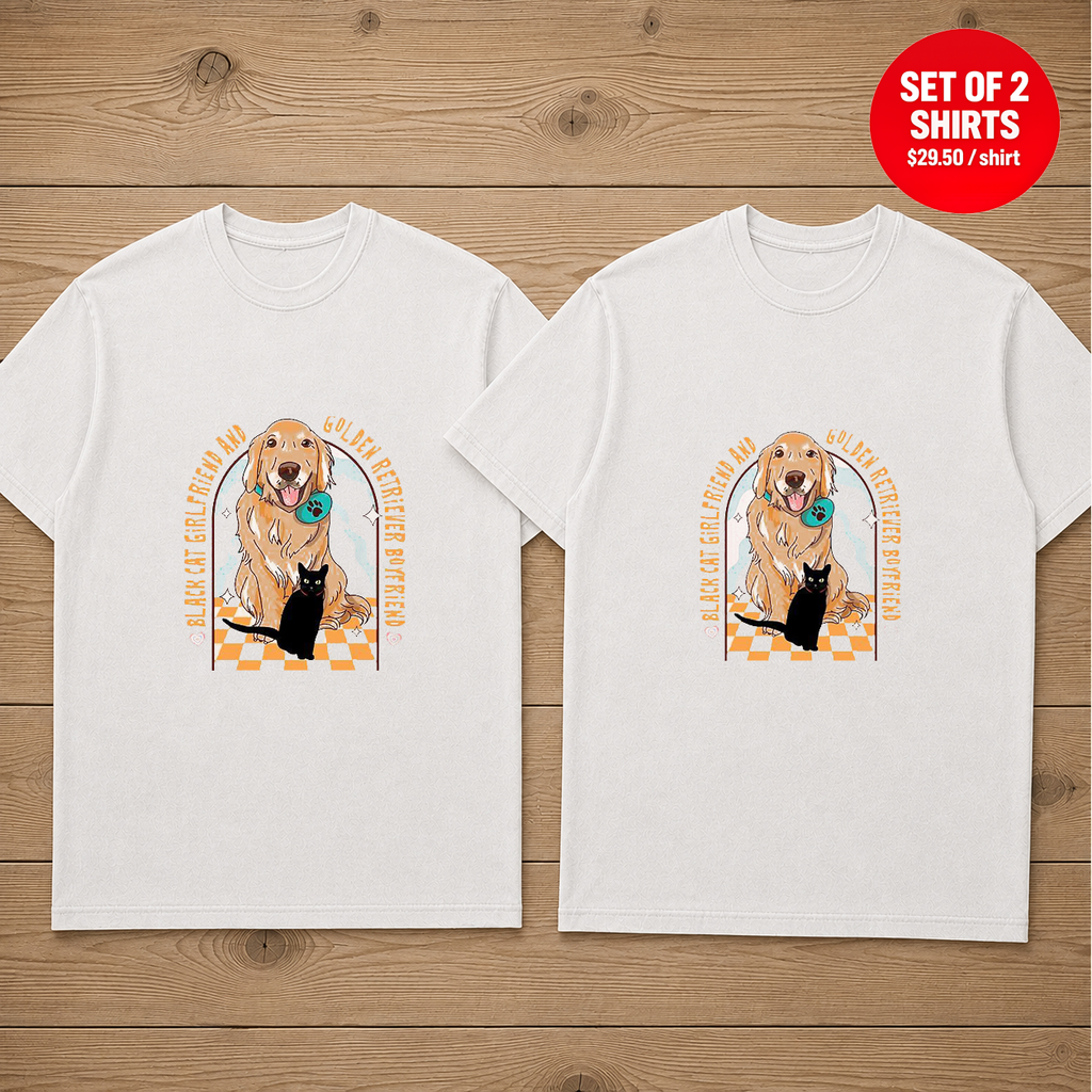 Black Cat Girlfriend And Golden Retriever Boyfriend Matching Couples T-Shirt (Set of 2)