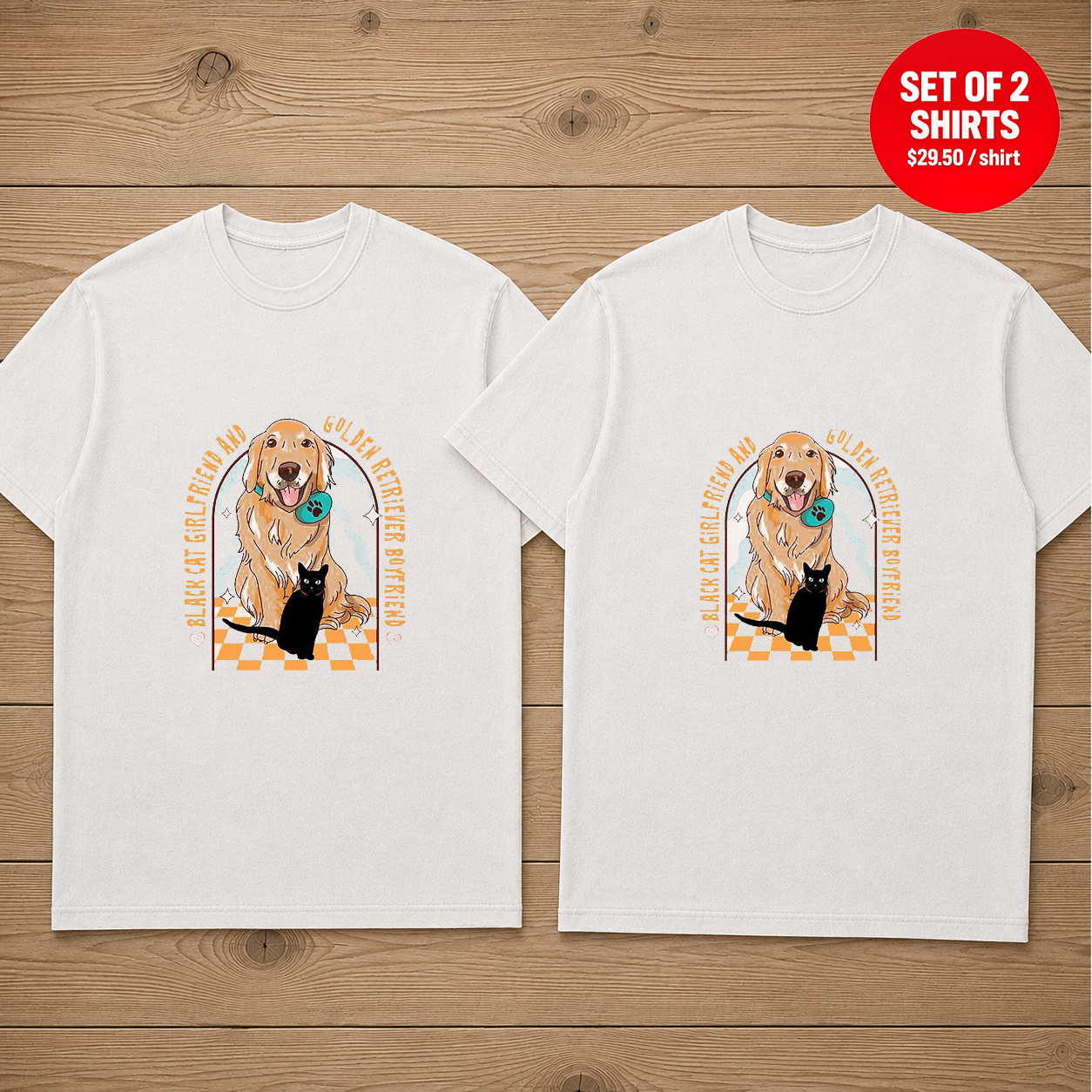 Black Cat Girlfriend And Golden Retriever Boyfriend Matching Couples T-Shirt (Set of 2)
