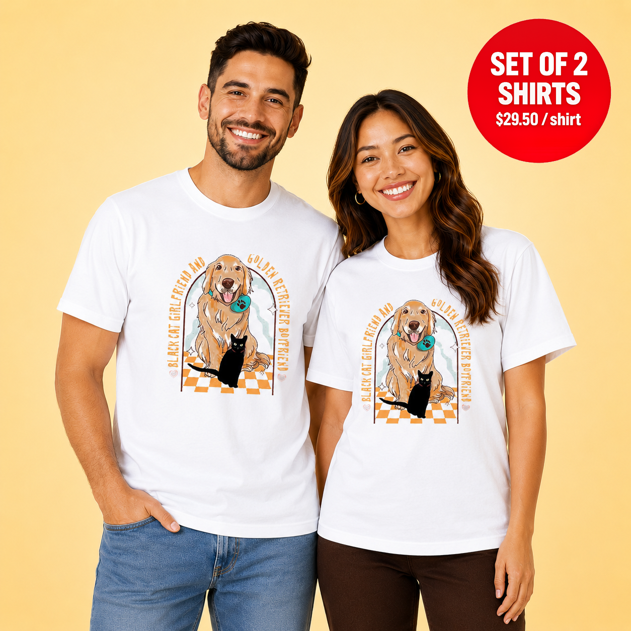 Black Cat Girlfriend And Golden Retriever Boyfriend Matching Couples T-Shirt (Set of 2)