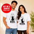 Cute Ghost Cat Halloween Matching Couples T-shirt