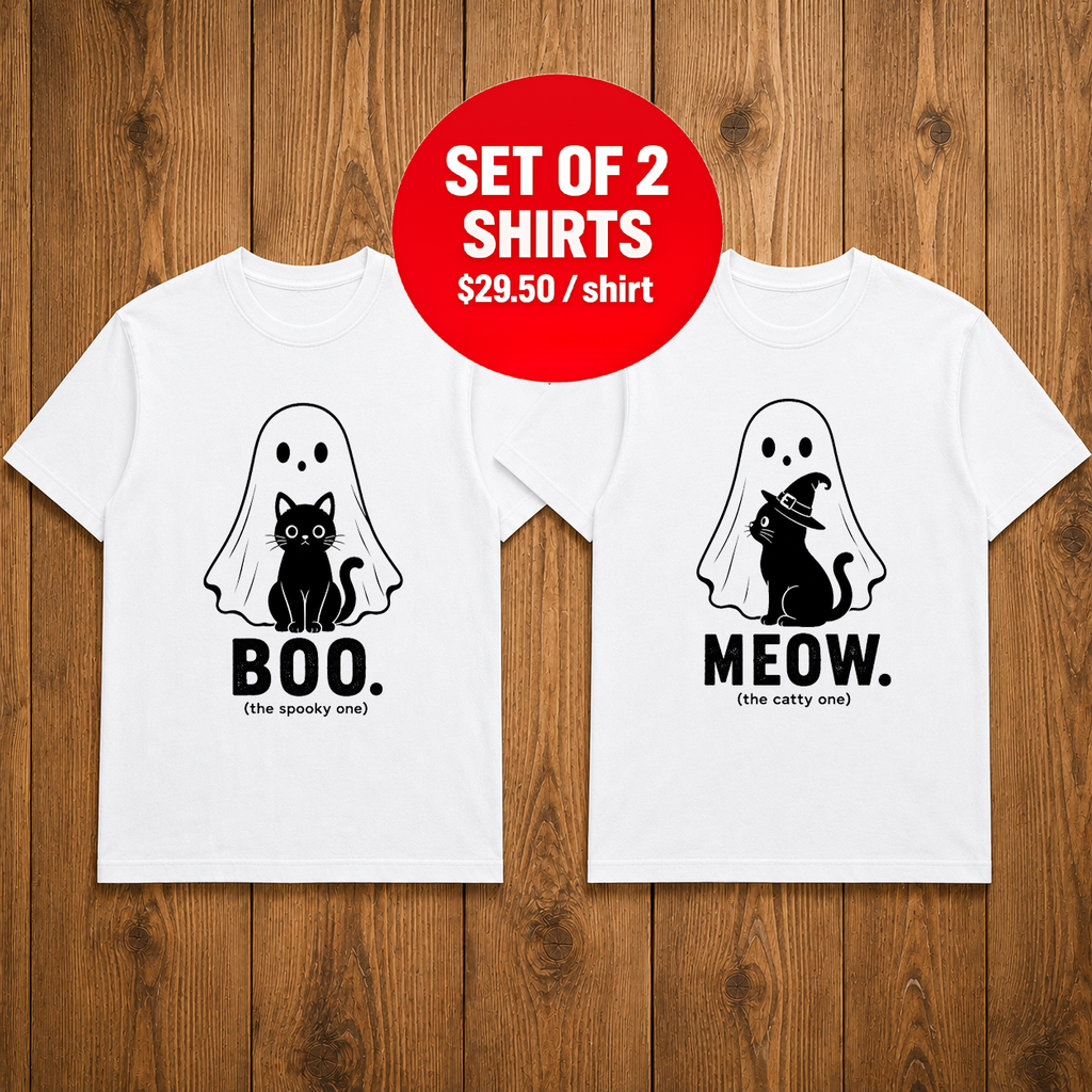 Cute Ghost Cat Halloween Matching Couples T-shirt