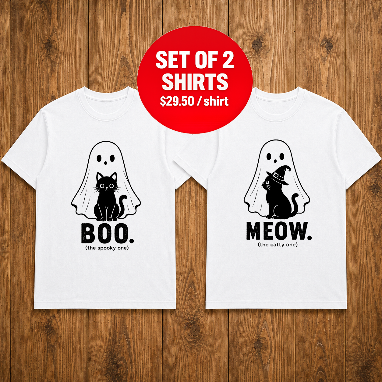 Cute Ghost Cat Halloween Matching Couples T-shirt