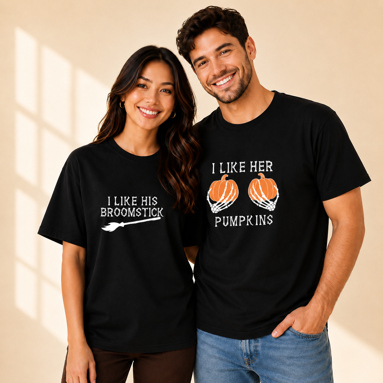 I Like His Broomstick I Like Her Pumpkins Matching Couples T-shirt
