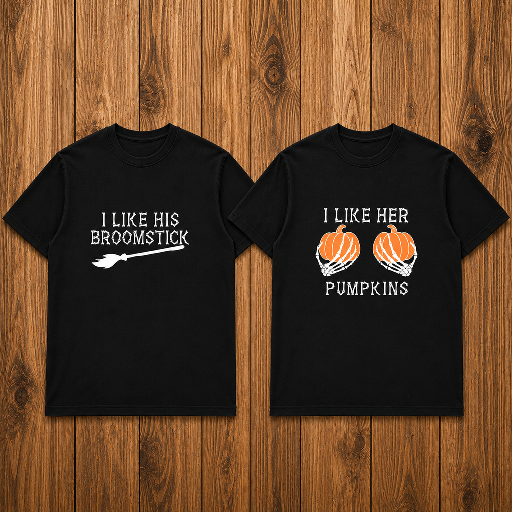 I Like His Broomstick I Like Her Pumpkins Matching Couples T-shirt