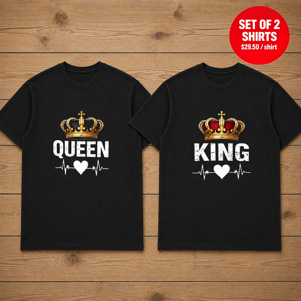 King Queen Matching Couples T-Shirt (Set of 2)