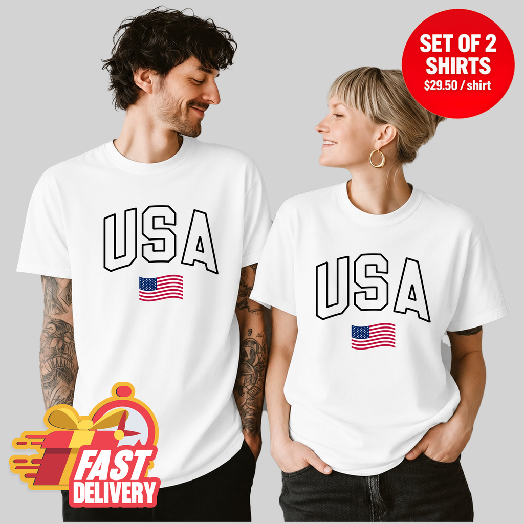 USA Flag 4th of July Matching Couple T-Shirt (Set of 2)