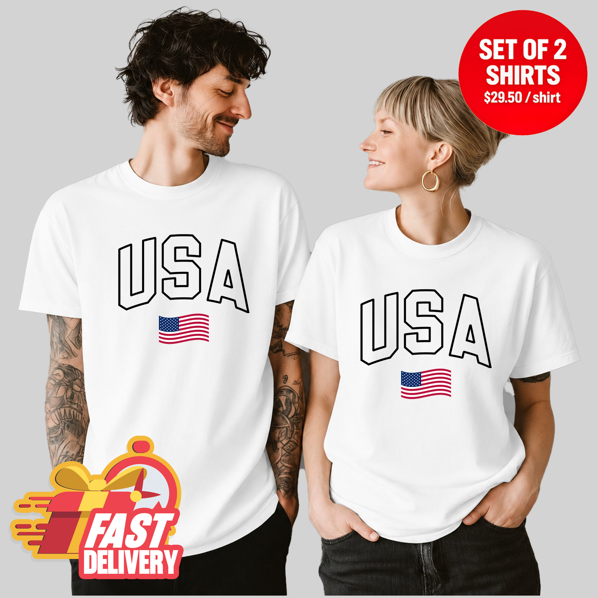 USA Flag 4th of July Matching Couple T-Shirt (Set of 2)