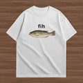 A white short-sleeve crewneck t-shirt laid flat on a brown wood-grain background. The shirt features a graphic of a largemouth bass fish with the word 'fih' printed in black above it.