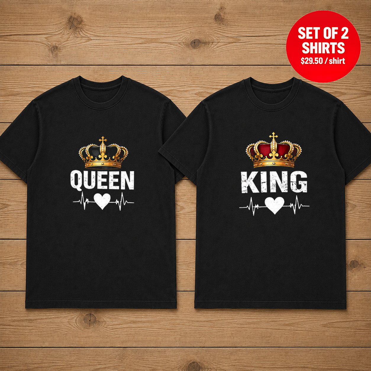 King Queen Portrait Matching Couples T-Shirt (Set of 2)