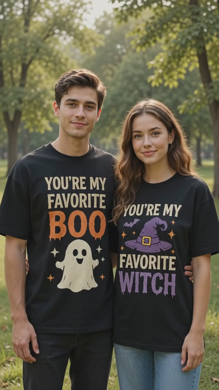 His Favorite Boo & Her Favorite Witch Halloween Matching Couples T-shirt