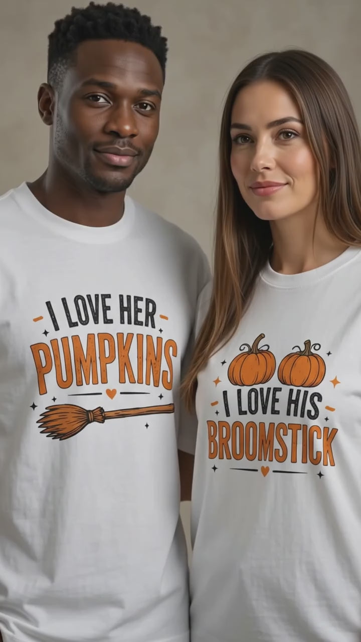 Funny Pumpkins Broomstick Halloween Matching Couples T-shirt