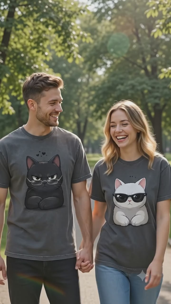 Black And White Cats With Glasses Couple Matching T-Shirt