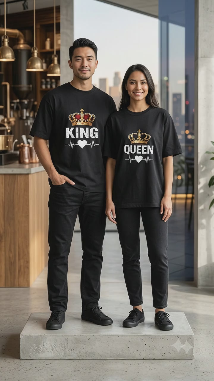 King Queen Portrait Matching Couples T-Shirt (Set of 2)